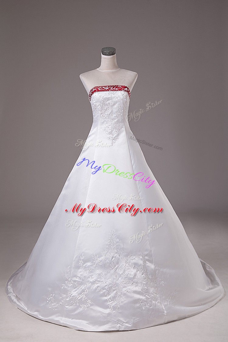 Dazzling White Wedding Gown Satin Brush Train Sleeveless Beading and Embroidery