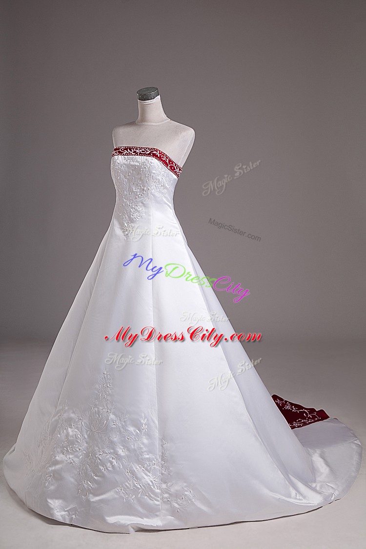 Dazzling White Wedding Gown Satin Brush Train Sleeveless Beading and Embroidery