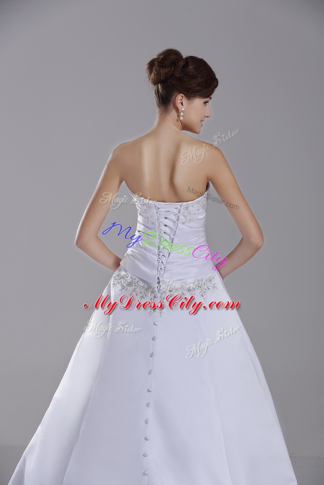 Sophisticated White Sleeveless Taffeta Brush Train Lace Up Wedding Gowns for Wedding Party