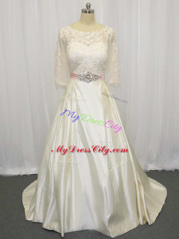 Half Sleeves Taffeta Brush Train Zipper Wedding Gown in White with Beading and Lace