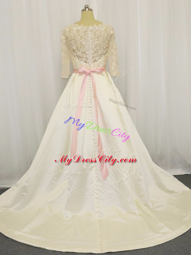 Half Sleeves Taffeta Brush Train Zipper Wedding Gown in White with Beading and Lace