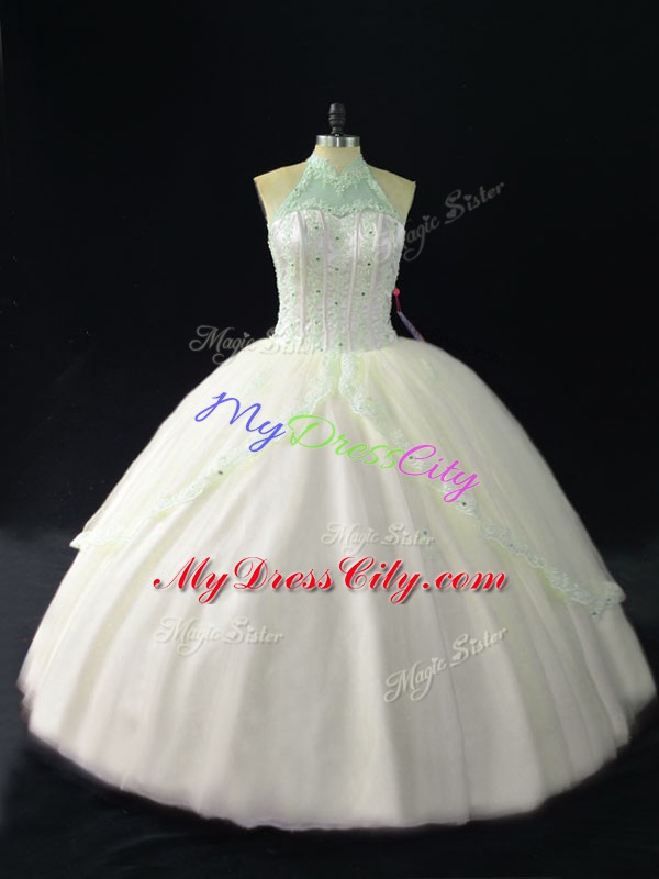 Tulle Sleeveless Floor Length Vestidos de Quinceanera and Beading