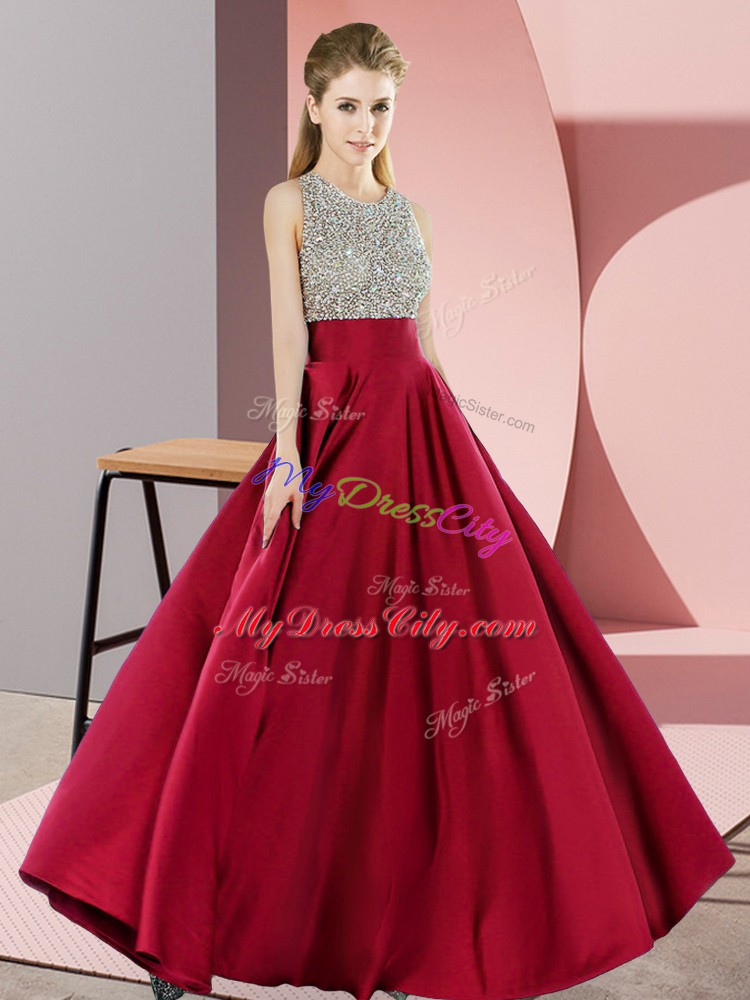 Luxury Sleeveless Floor Length Beading Backless Homecoming Dress with Wine Red