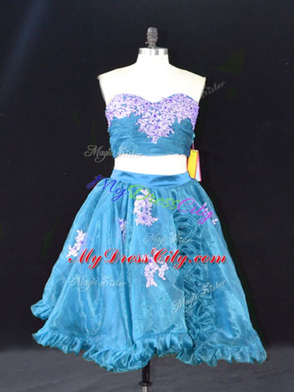 Customized Sleeveless Mini Length Appliques and Ruffles Zipper Dress for Prom with Teal