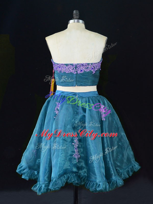 Customized Sleeveless Mini Length Appliques and Ruffles Zipper Dress for Prom with Teal