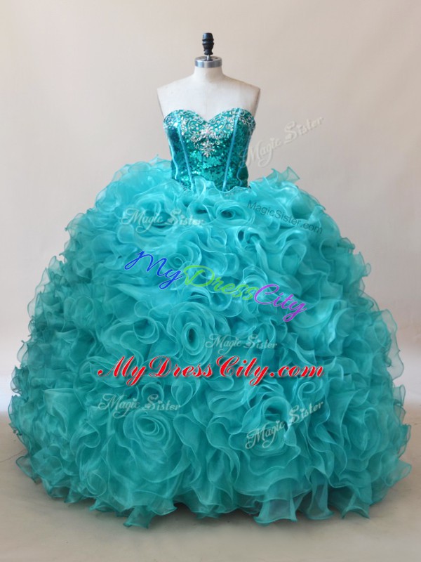 Simple Fabric With Rolling Flowers Sweetheart Sleeveless Ruffles and Sequins 15 Quinceanera Dress in Aqua Blue