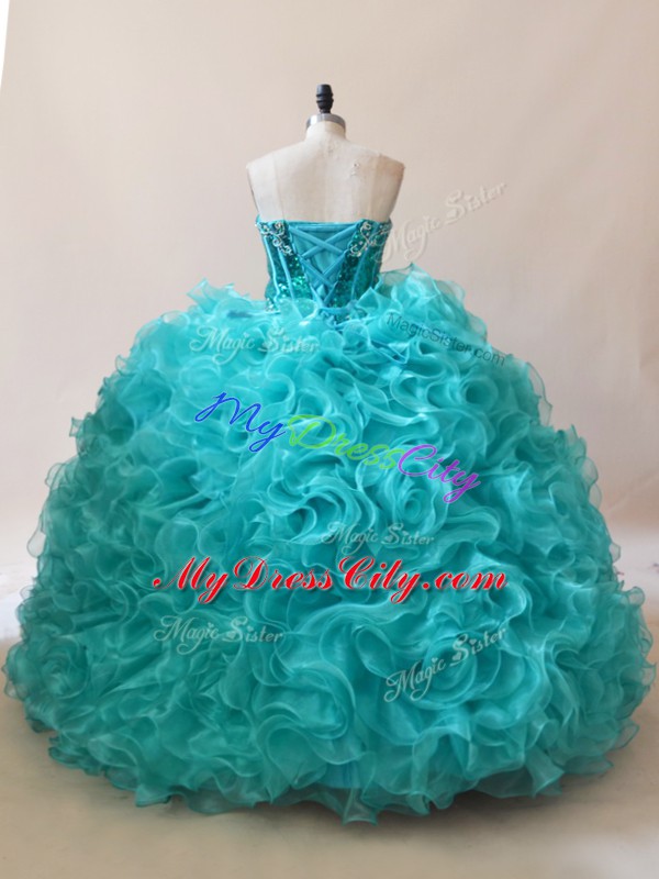 Simple Fabric With Rolling Flowers Sweetheart Sleeveless Ruffles and Sequins 15 Quinceanera Dress in Aqua Blue