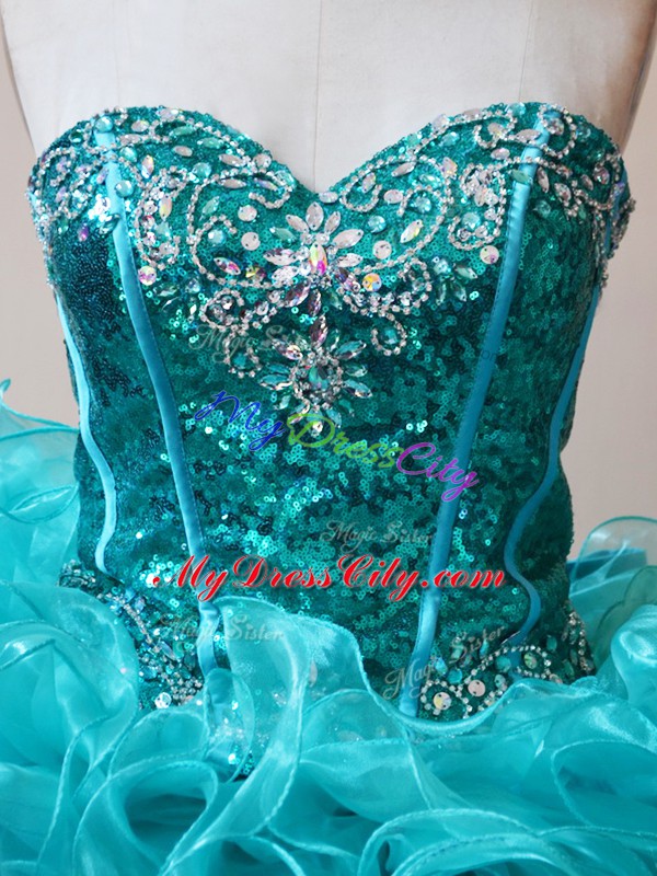 Simple Fabric With Rolling Flowers Sweetheart Sleeveless Ruffles and Sequins 15 Quinceanera Dress in Aqua Blue