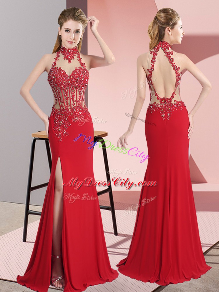 Perfect Floor Length Red Homecoming Dresses Halter Top Sleeveless Backless