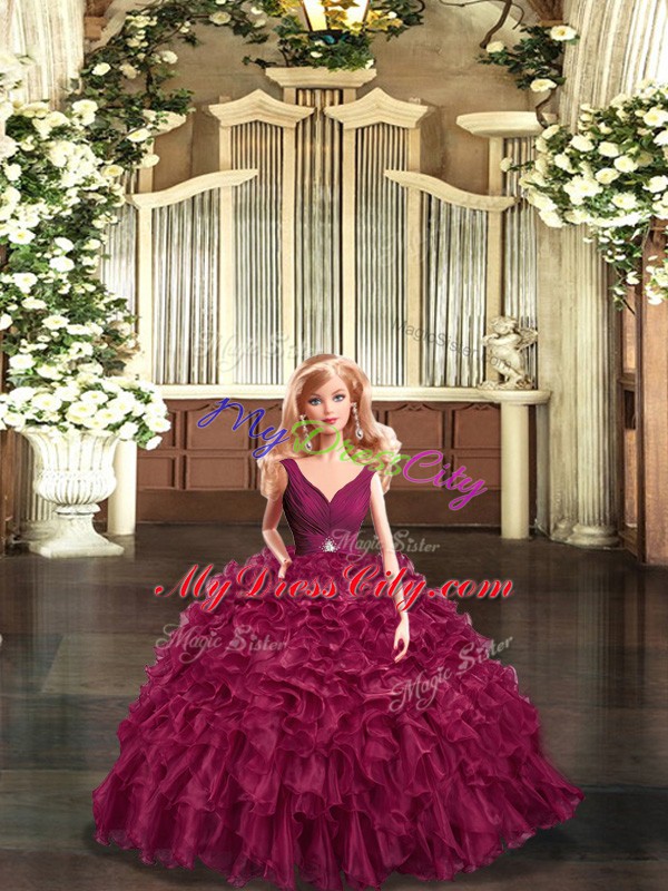 Latest Ball Gowns Quinceanera Gown Burgundy V-neck Organza Sleeveless Floor Length Backless