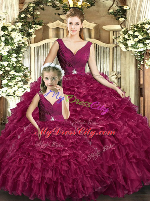 Latest Ball Gowns Quinceanera Gown Burgundy V-neck Organza Sleeveless Floor Length Backless