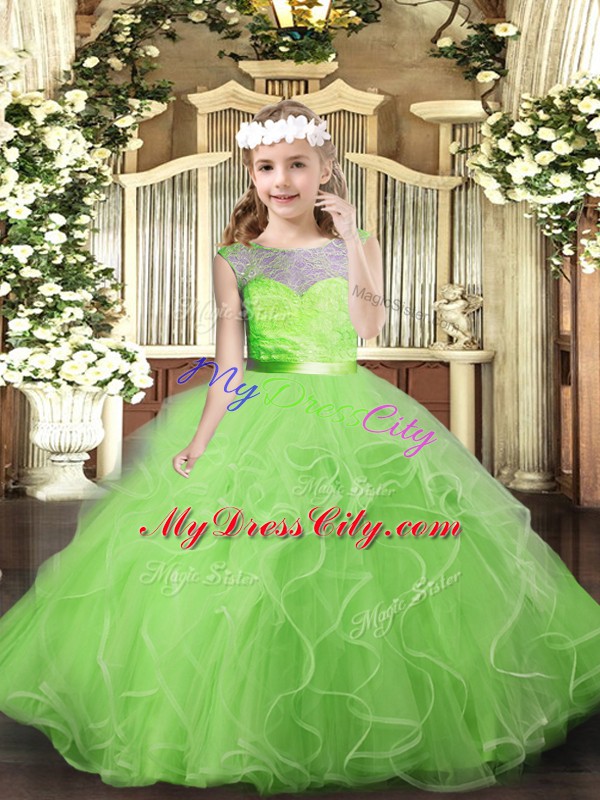 Ball Gowns Tulle Scoop Sleeveless Lace and Ruffles Floor Length Backless Little Girls Pageant Gowns