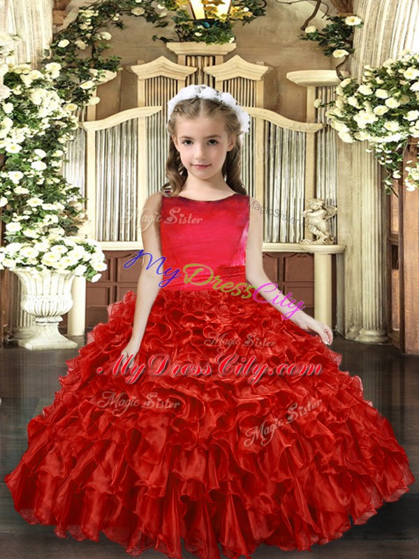 Luxurious Sleeveless Organza Floor Length Backless Little Girl Pageant Gowns in Red with Ruffles