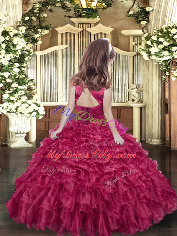 Luxurious Sleeveless Organza Floor Length Backless Little Girl Pageant Gowns in Red with Ruffles