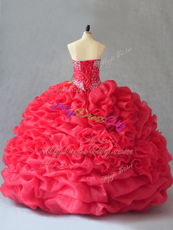 Lovely Coral Red Sweetheart Lace Up Beading and Pick Ups Quinceanera Dress Sleeveless