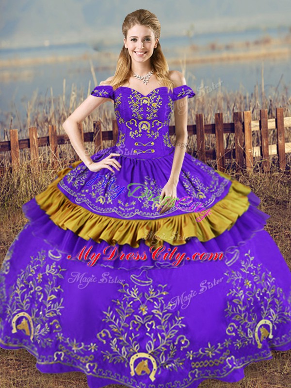 Custom Design Purple Ball Gowns Embroidery 15 Quinceanera Dress Lace Up Satin and Organza Sleeveless Floor Length