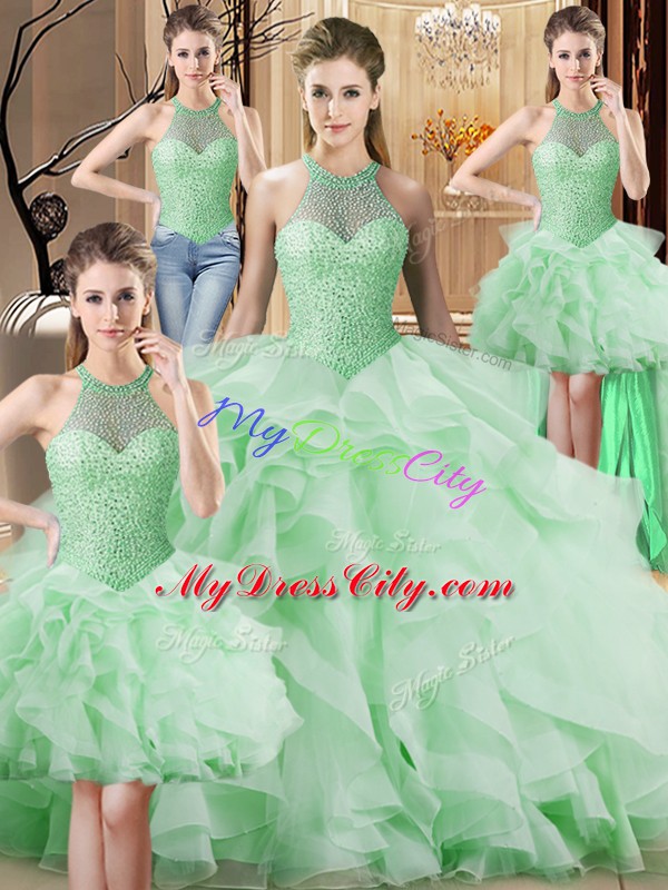 Halter Top Sleeveless Organza Sweet 16 Quinceanera Dress Beading and Ruffles Brush Train Lace Up