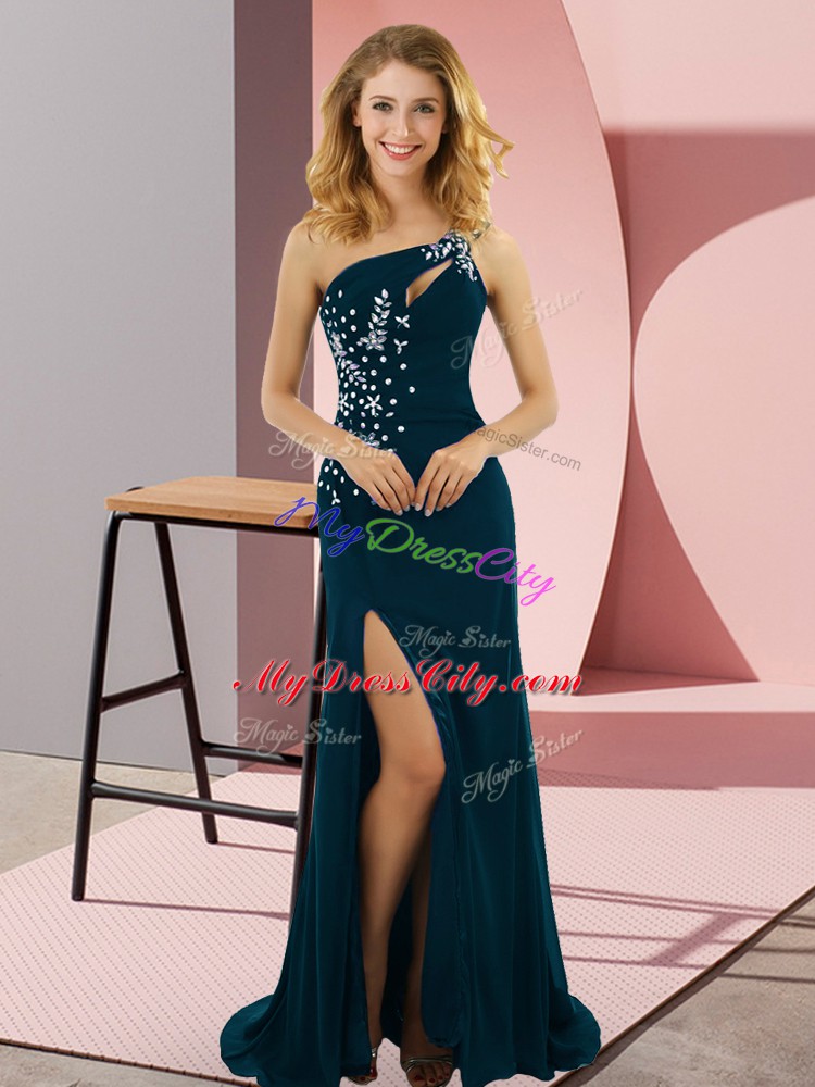 Teal Lace Up Pageant Dress for Teens Beading Sleeveless Sweep Train