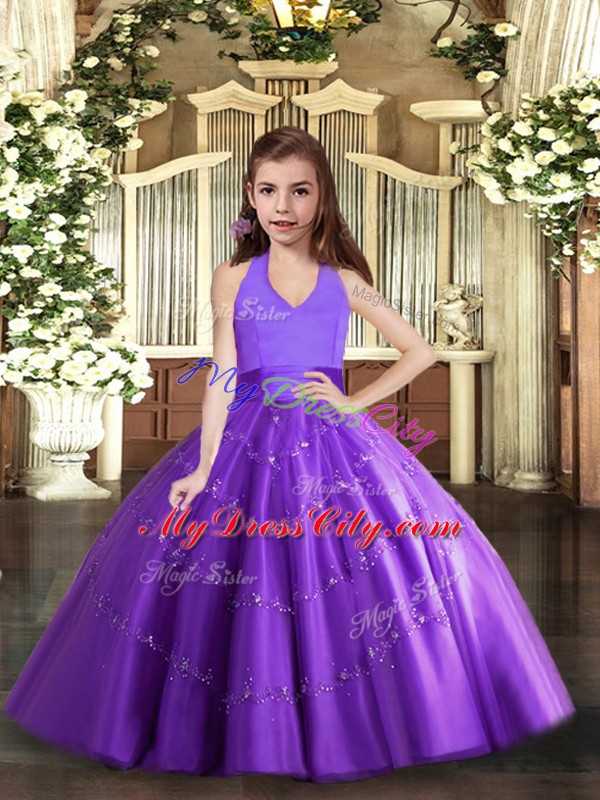 Best Tulle Sleeveless Floor Length Little Girls Pageant Dress Wholesale and Beading