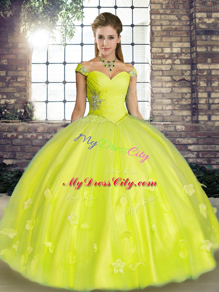 Custom Design Tulle Off The Shoulder Sleeveless Lace Up Beading and Appliques Quinceanera Dresses in Yellow Green