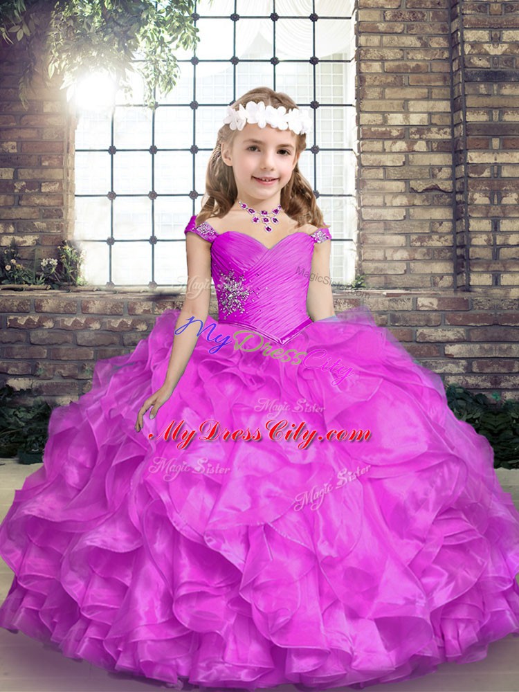 Nice Lilac Straps Neckline Beading and Ruffles Pageant Dress Toddler Sleeveless Lace Up