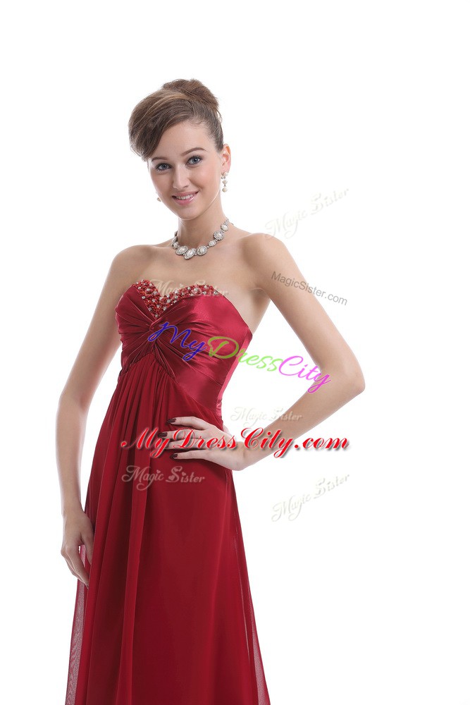 Fancy Chiffon Sweetheart Sleeveless Lace Up Beading Prom Dress in Wine Red