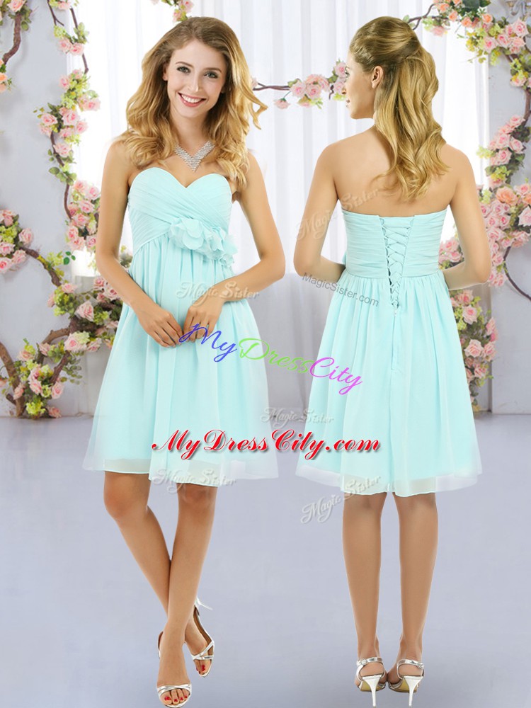 Sleeveless Mini Length Hand Made Flower Lace Up Bridesmaid Dresses with Aqua Blue