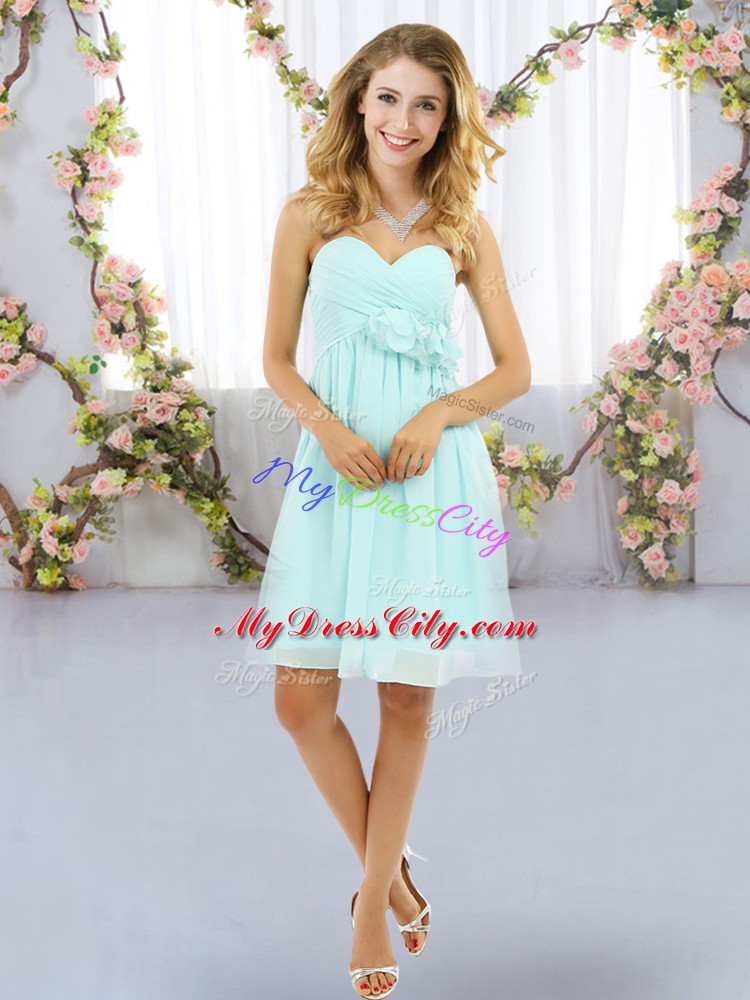 Sleeveless Mini Length Hand Made Flower Lace Up Bridesmaid Dresses with Aqua Blue