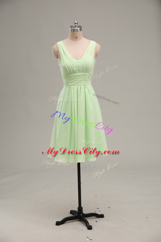 Captivating Yellow Green Chiffon Zipper V-neck Sleeveless Mini Length Ruching