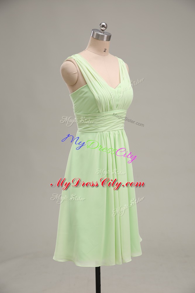 Captivating Yellow Green Chiffon Zipper V-neck Sleeveless Mini Length Ruching