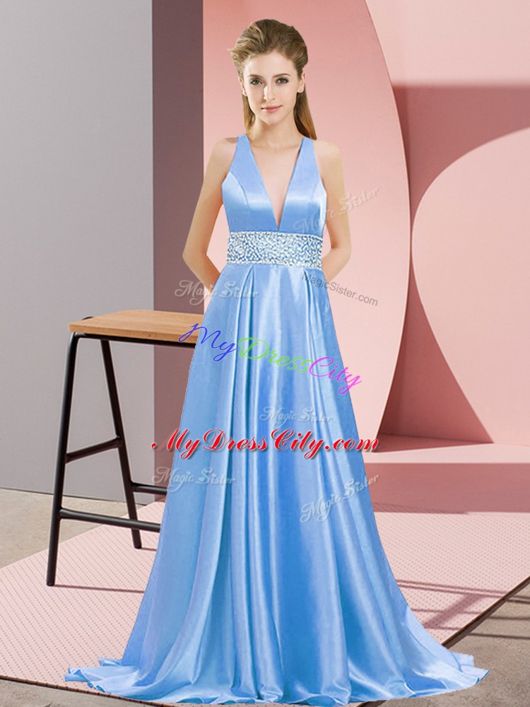 Hot Sale V-neck Sleeveless Brush Train Backless Formal Dresses Baby Blue Elastic Woven Satin