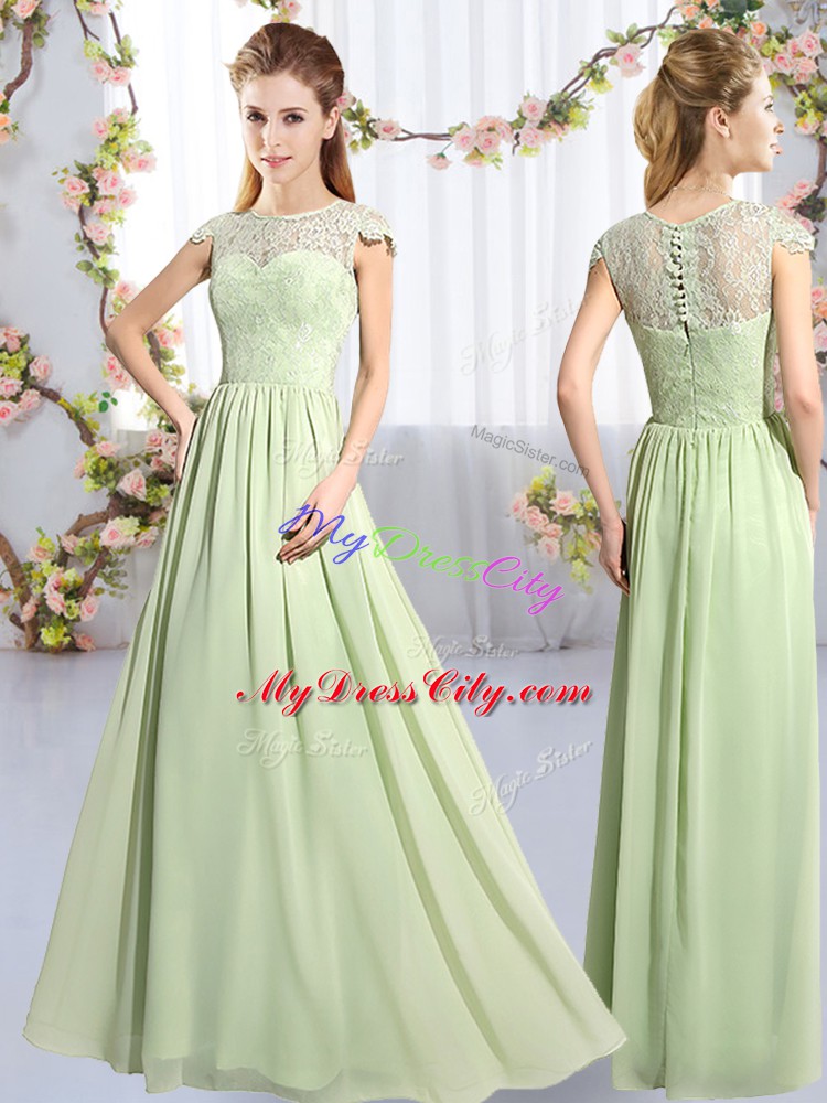 Romantic Floor Length Empire Cap Sleeves Yellow Green Bridesmaids Dress Clasp Handle