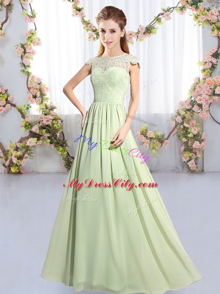 Romantic Floor Length Empire Cap Sleeves Yellow Green Bridesmaids Dress Clasp Handle