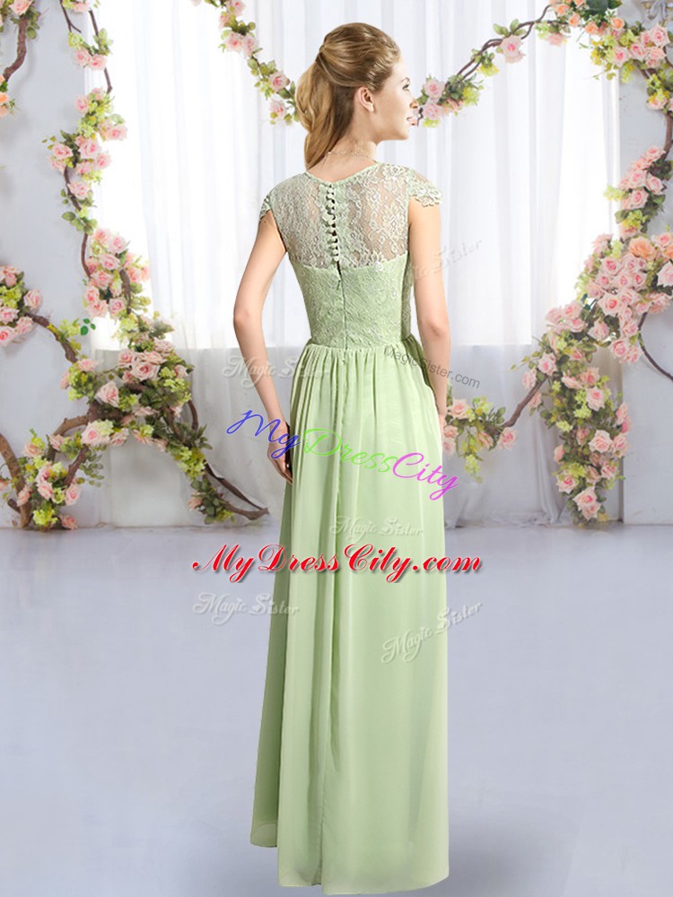 Romantic Floor Length Empire Cap Sleeves Yellow Green Bridesmaids Dress Clasp Handle