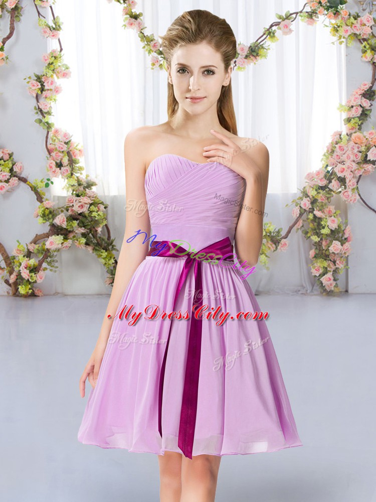 Sexy Lavender Chiffon Lace Up Sweetheart Sleeveless Mini Length Bridesmaids Dress Belt