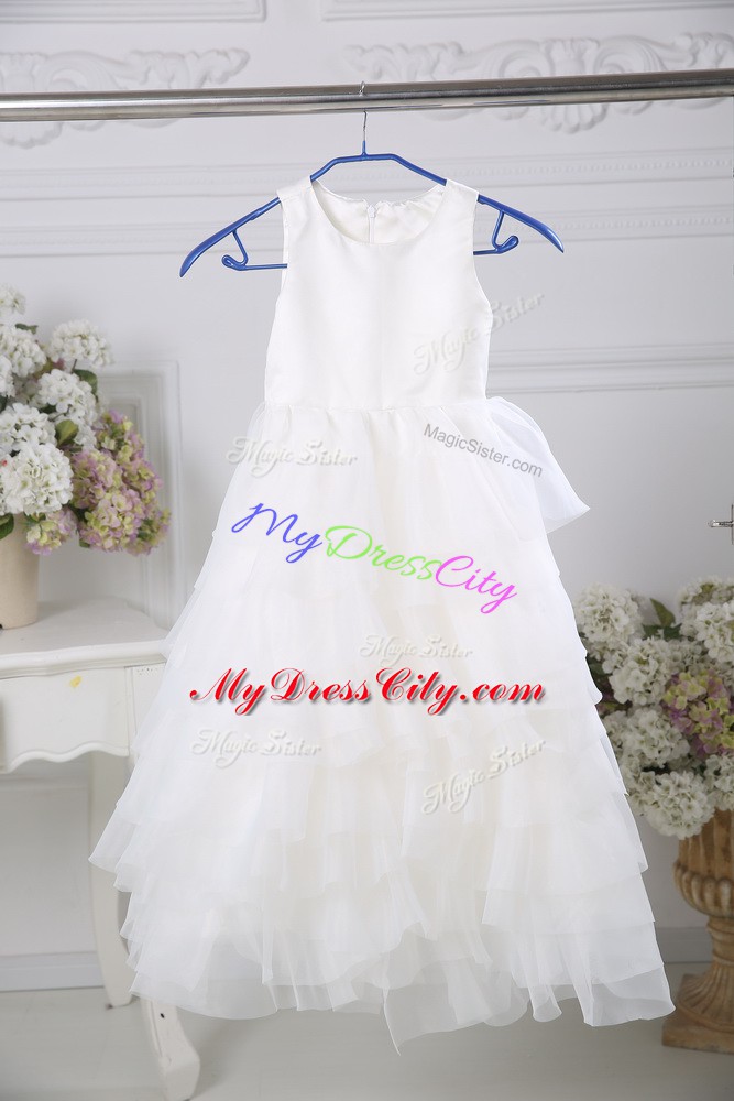 Enchanting White Zipper Flower Girl Dress Ruffled Layers Sleeveless Floor Length