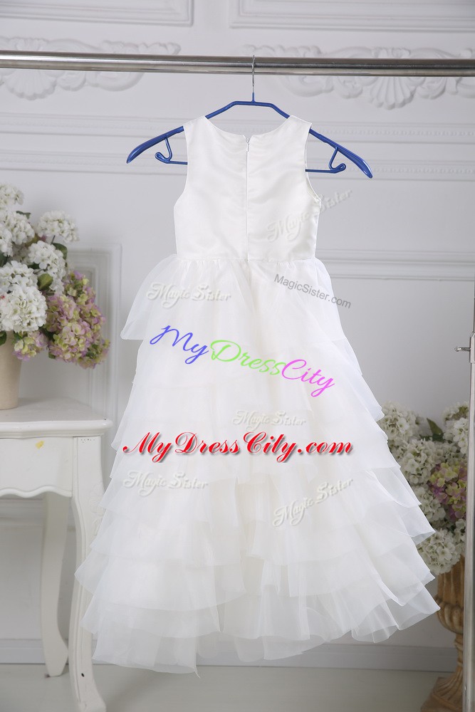 Enchanting White Zipper Flower Girl Dress Ruffled Layers Sleeveless Floor Length