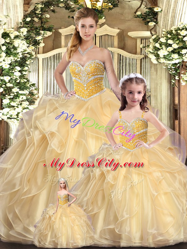 Charming Champagne Organza Lace Up Sweetheart Sleeveless Floor Length Sweet 16 Dress Beading and Ruffles