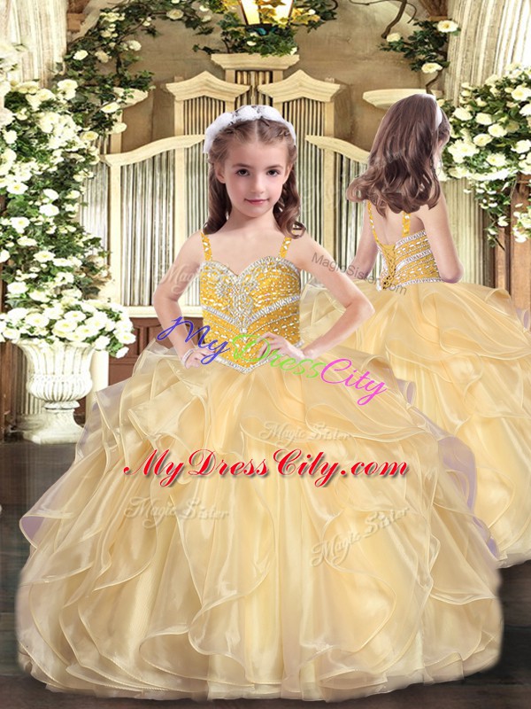 Charming Champagne Organza Lace Up Sweetheart Sleeveless Floor Length Sweet 16 Dress Beading and Ruffles