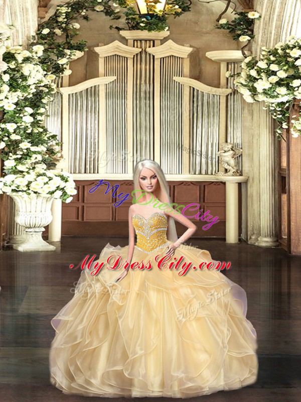 Charming Champagne Organza Lace Up Sweetheart Sleeveless Floor Length Sweet 16 Dress Beading and Ruffles