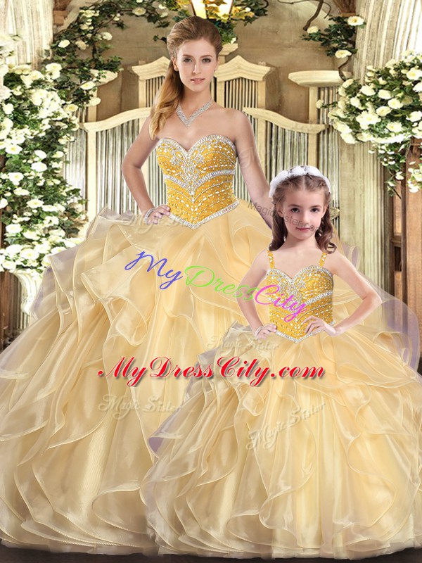 Charming Champagne Organza Lace Up Sweetheart Sleeveless Floor Length Sweet 16 Dress Beading and Ruffles