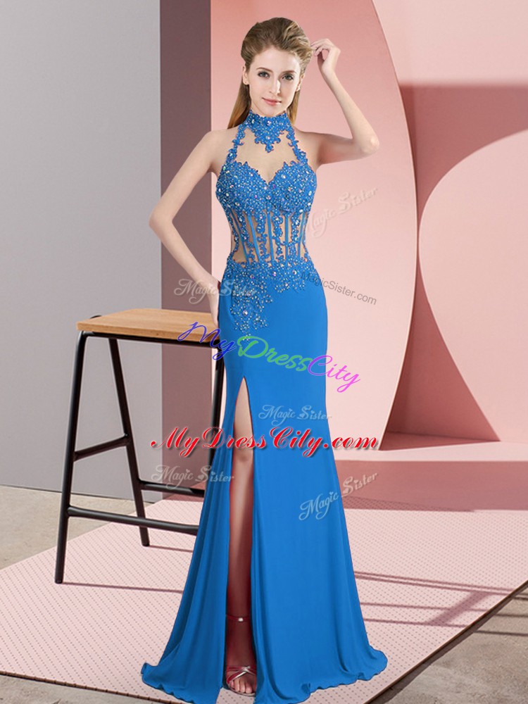 Fine Blue Column/Sheath Halter Top Sleeveless Chiffon Floor Length Backless Beading Evening Dress