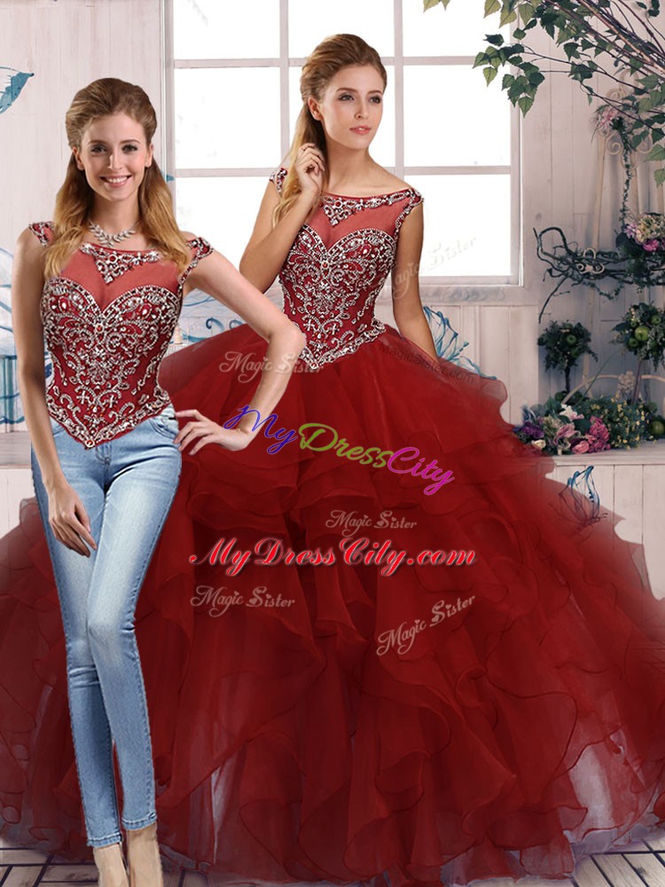 Cute Burgundy Two Pieces Organza Scoop Sleeveless Beading and Ruffles Floor Length Zipper 15th Birthday Dress