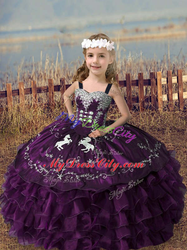 Organza Straps Sleeveless Lace Up Embroidery and Ruffled Layers Glitz Pageant Dress in Dark Purple