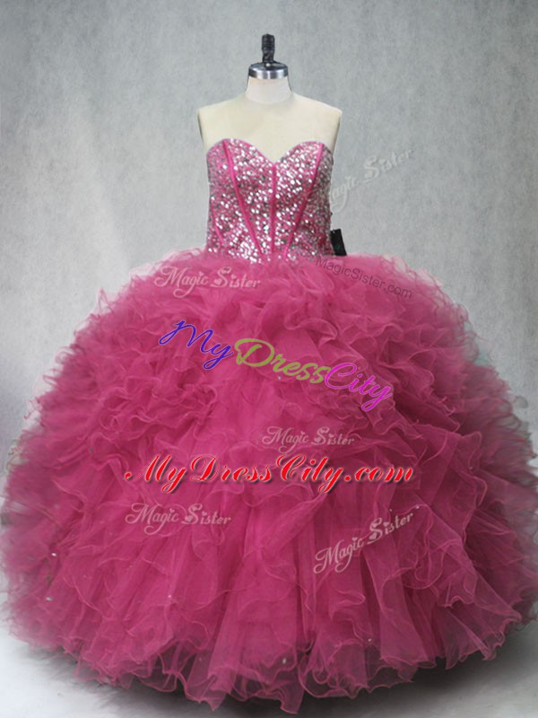 Coral Red Tulle Lace Up Sweetheart Sleeveless Floor Length Quinceanera Dress Beading and Ruffles