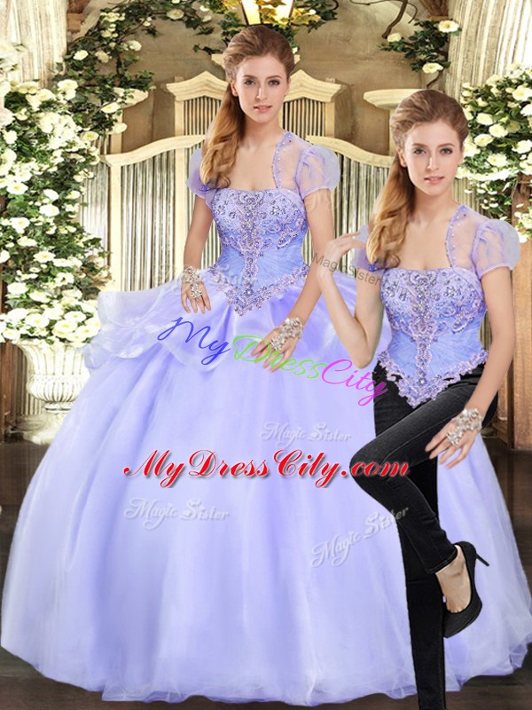 Edgy Lavender Two Pieces Beading and Appliques Quince Ball Gowns Lace Up Organza Sleeveless Floor Length