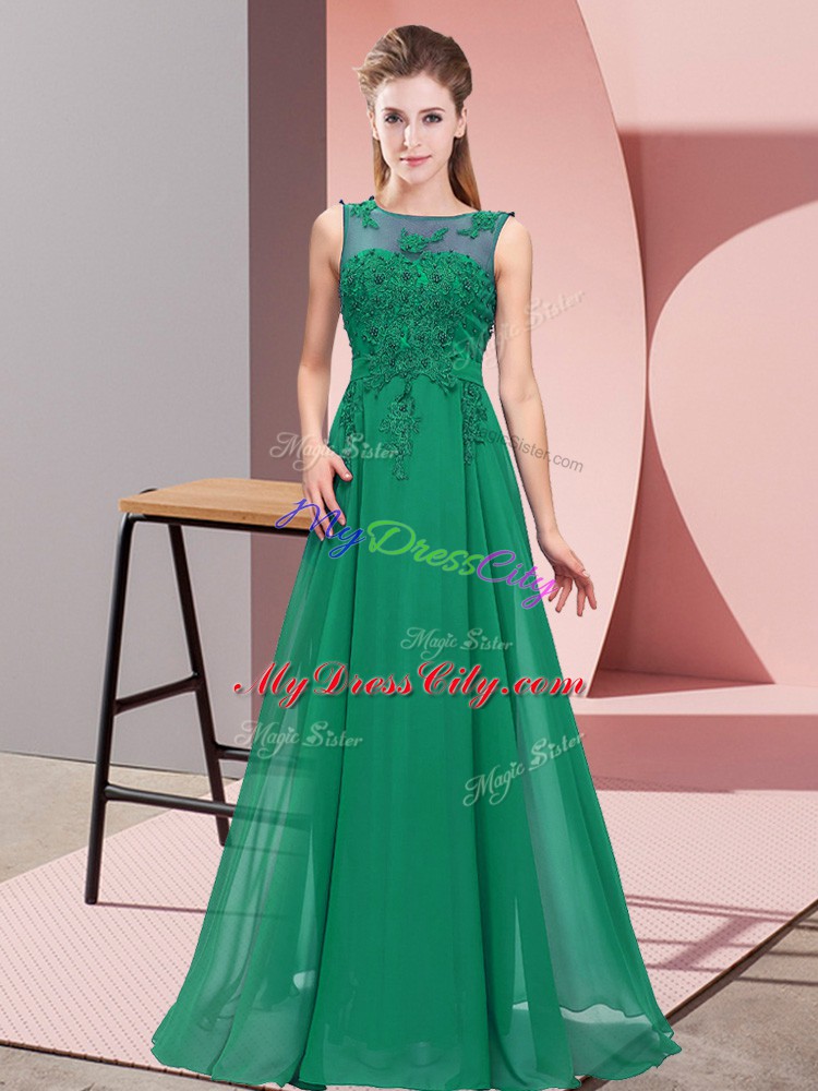 Glorious Dark Green Chiffon Zipper Scoop Sleeveless Floor Length Bridesmaids Dress Beading and Appliques