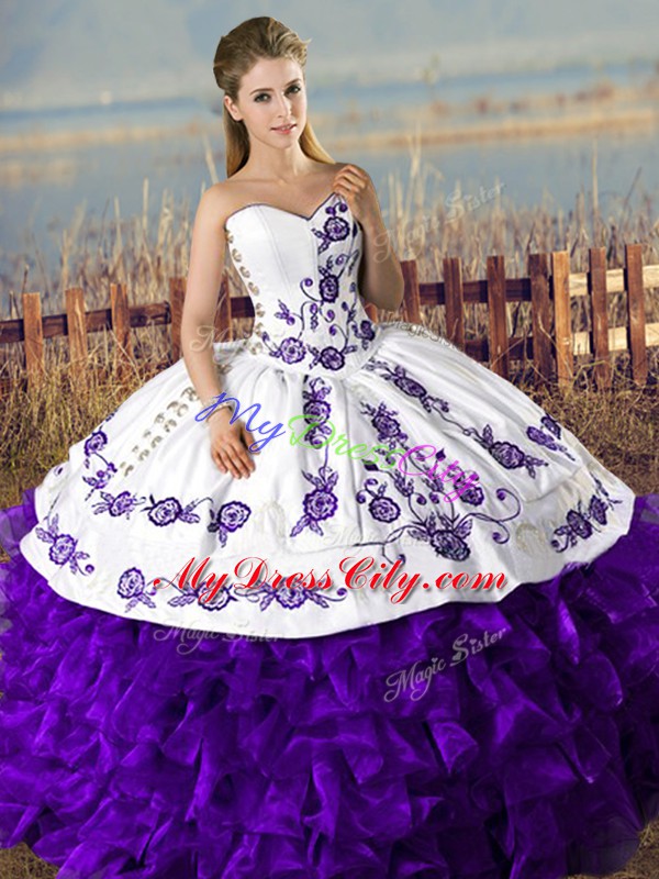 Glorious White And Purple Sleeveless Satin and Organza Lace Up Quinceanera Dresses for Sweet 16 and Quinceanera