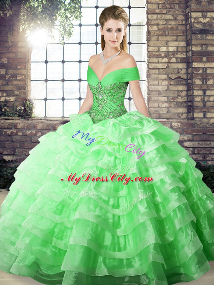 Superior Ball Gowns Sleeveless Green Quinceanera Gowns Brush Train Lace Up