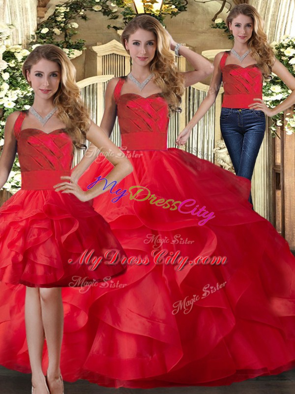 Red Three Pieces Ruffles 15th Birthday Dress Lace Up Tulle Sleeveless Floor Length